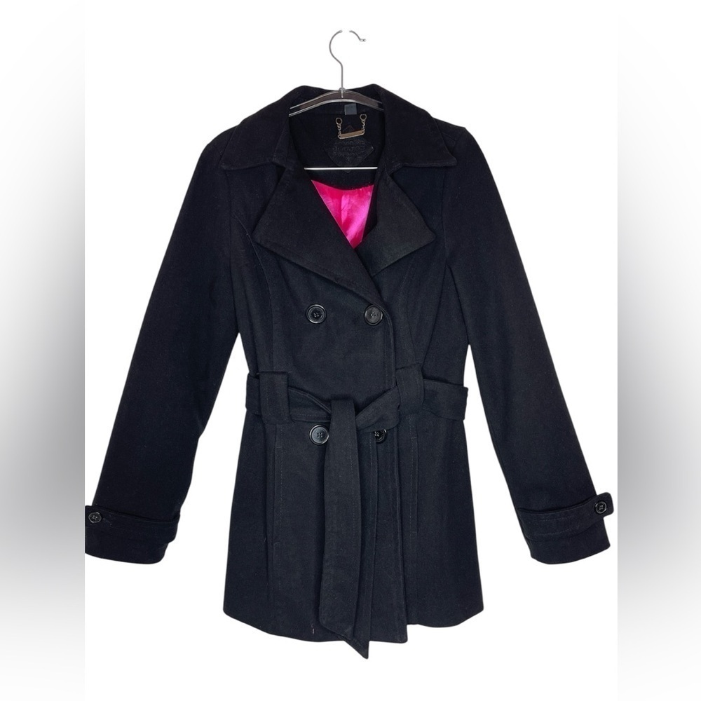 Joujou Y2K Women’s Double Breasted Belted Black Pink Pea Trench Coat Size Sm